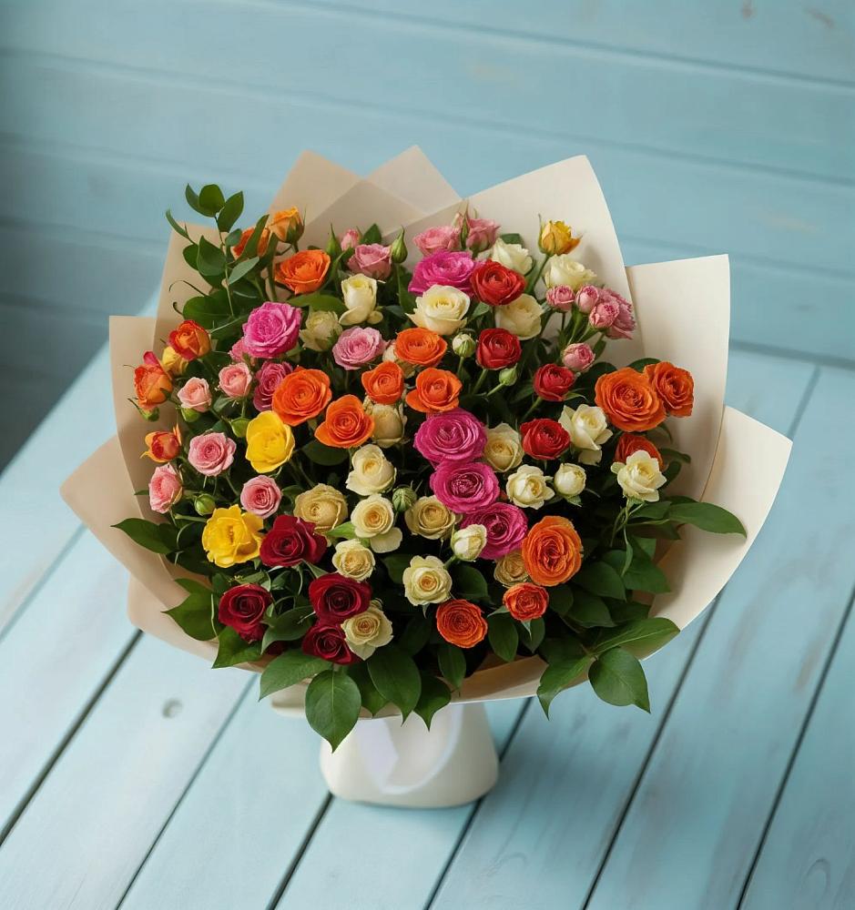 Букет Микс из разноцветных кустовых роз в Преображенской