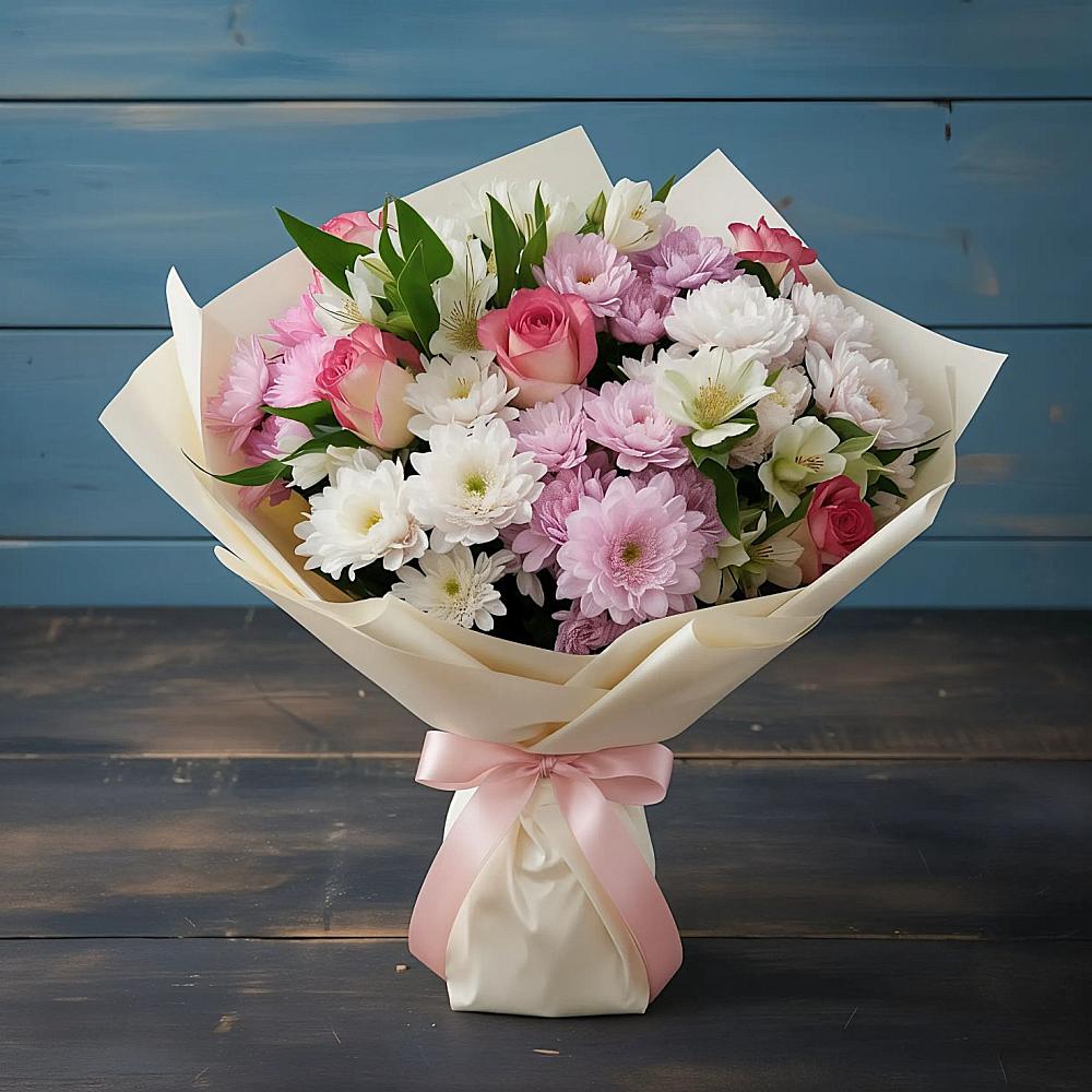 Букет цветов из: Хризантемы, Альстромерии и Розы в Преображенской